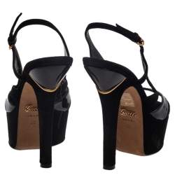 Pre Owned صندل غوتشى فتحة كعب نعل سميك جلد لامع وسويدى أسود مقاس 38