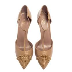 Pre Owned Gucci Beige Leather Coline Studded T Strap Pumps Size 41