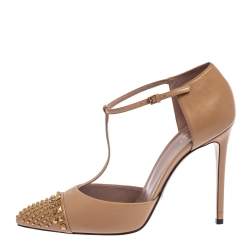 Pre Owned Gucci Beige Leather Coline Studded T Strap Pumps Size 41