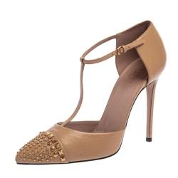 Pre Owned Gucci Beige Leather Coline Studded T Strap Pumps Size 41