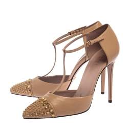 Pre Owned Gucci Beige Leather Coline Studded T Strap Pumps Size 41