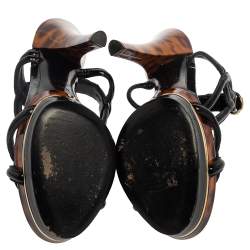 Pre Owned Gucci Black Patent Leather Orchid Twist Detail Tortoise Heel Platform Sandals Size 37.5