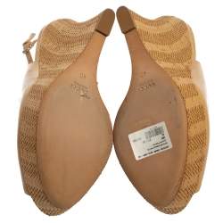 Gucci Beige Patent Strafish Raffia Slingback Platform Wedge Sandals Size 40