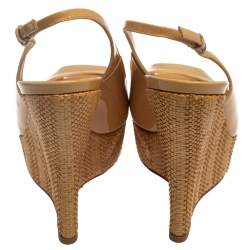 Gucci Beige Patent Strafish Raffia Slingback Platform Wedge Sandals Size 40