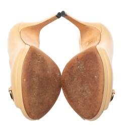 Pre Owned Gucci Beige Leather Jolene Horsebit Peep Toe Pumps Size 35