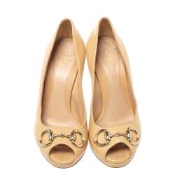Pre Owned Gucci Beige Leather Jolene Horsebit Peep Toe Pumps Size 35