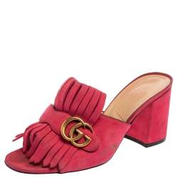 Pre Owned Gucci Pink Suede Leather GG Marmont Fringe Detail Open Toe Sandals Size 40