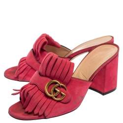 Pre Owned Gucci Pink Suede Leather GG Marmont Fringe Detail Open Toe Sandals Size 40