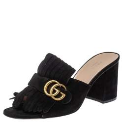 مملوكة مسبقًا Gucci Black Suede GG Marmont Fringe Mules Size 40
