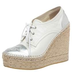 مملوكة مسبقًا Gucci White/Silver Leather GG Logo Pilar Espadrille Wedges Size 36