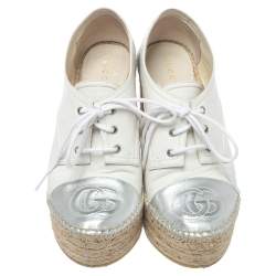 مملوكة مسبقًا Gucci White/Silver Leather GG Logo Pilar Espadrille Wedges Size 36