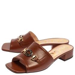 مملوكة مسبقًا Gucci Brown Leather Zumi Slide Sandal Size 37.5
