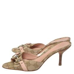 مملوكة مسبقًا حذاء غوتشي نيو هوليوود حلية هورسبت كانفاس جي جي بيج و وردي مقاس 35.5