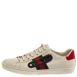 Gucci White Leather Embossed Python Trim Web Detail Embellishment Ace Low Top Sneakers Size 40