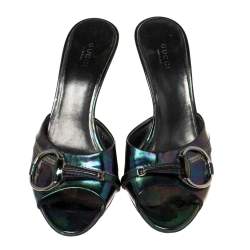 Pre Owned Gucci Iridescent Patent Leather Horsebit Slides Size 38