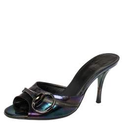 Pre Owned Gucci Iridescent Patent Leather Horsebit Slides Size 38