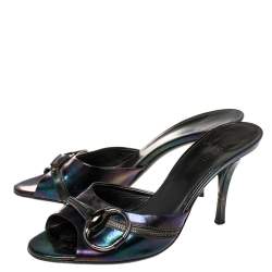 Pre Owned Gucci Iridescent Patent Leather Horsebit Slides Size 38