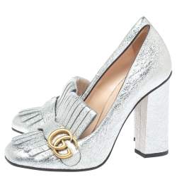 Pre Owned حذاء كعب عالى غوتشى شراشيب مارمونت جى جى جلد مجعد فضى ميتالك مقاس 39