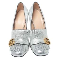 Pre Owned حذاء كعب عالى غوتشى شراشيب مارمونت جى جى جلد مجعد فضى ميتالك مقاس 39