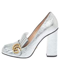 Pre Owned حذاء كعب عالى غوتشى شراشيب مارمونت جى جى جلد مجعد فضى ميتالك مقاس 39