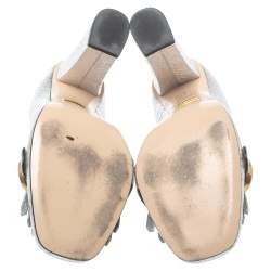 Pre Owned حذاء كعب عالى غوتشى شراشيب مارمونت جى جى جلد مجعد فضى ميتالك مقاس 39