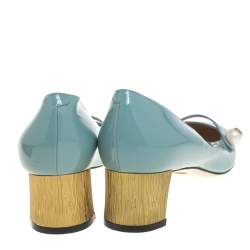 Pre Owned حذاء كعب عالى غوتشى مارى جين تفاصيل لؤلؤ جلد لامع أزرق مقاس 40