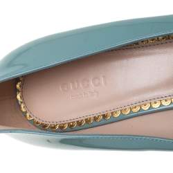 Pre Owned حذاء كعب عالى غوتشى مارى جين تفاصيل لؤلؤ جلد لامع أزرق مقاس 40