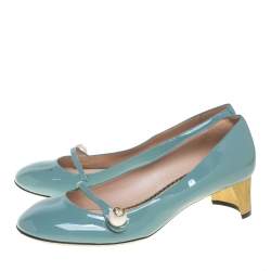 Pre Owned حذاء كعب عالى غوتشى مارى جين تفاصيل لؤلؤ جلد لامع أزرق مقاس 40