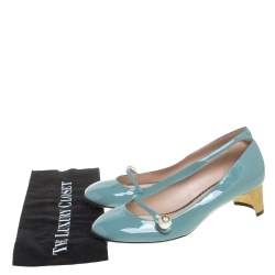 Pre Owned حذاء كعب عالى غوتشى مارى جين تفاصيل لؤلؤ جلد لامع أزرق مقاس 40