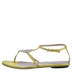 Pre Owned صندل غوتشي ساتان أصفر جي جي مزخرف كريستال سير حرف تي مقاس 37