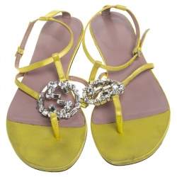 Pre Owned صندل غوتشي ساتان أصفر جي جي مزخرف كريستال سير حرف تي مقاس 37