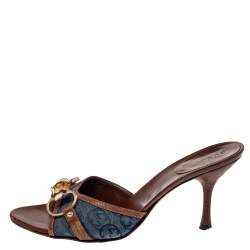 مملوكة مسبقًا Gucci Blue/Brown Denim And Leather Horsebit Slides Size 36.5
