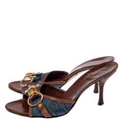 مملوكة مسبقًا Gucci Blue/Brown Denim And Leather Horsebit Slides Size 36.5