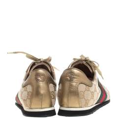 Pre Owned حذاء رياضي غوتشي برقبة منخفضة كانفاس جي جي وجلد ويب بعنق منخفض ذهبي / بيج مقاس 37.5