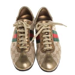 Pre Owned حذاء رياضي غوتشي برقبة منخفضة كانفاس جي جي وجلد ويب بعنق منخفض ذهبي / بيج مقاس 37.5
