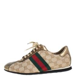 Pre Owned حذاء رياضي غوتشي برقبة منخفضة كانفاس جي جي وجلد ويب بعنق منخفض ذهبي / بيج مقاس 37.5