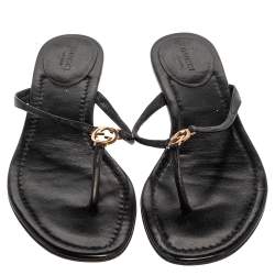 Pre Owned صندل غوتشى بإصبع جى جى متشابكين جلد أسود مقاس 38