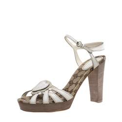 Pre Owned Gucci Cream Leather Crest Heart Ankle Strap Sandals Size 39.5