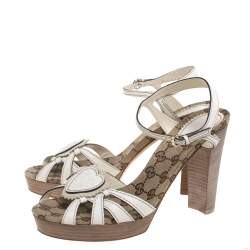 Pre Owned Gucci Cream Leather Crest Heart Ankle Strap Sandals Size 39.5