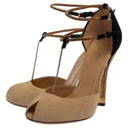 Gucci Black/Beige Suede Ophelie Chain Detail Ankle Strap Pumps Size 37.5