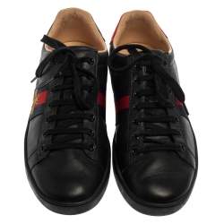 Pre Owned Gucci Black Leather And Python Embossed Leather Bee Ace Low Top Sneakers Size 38.5