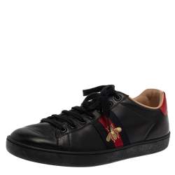 Pre Owned Gucci Black Leather And Python Embossed Leather Bee Ace Low Top Sneakers Size 38.5