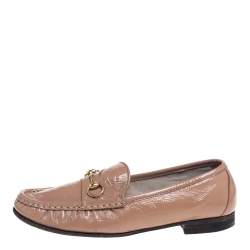 Gucci Beige Patent Leather Horsebit Slip On Loafers Size 38