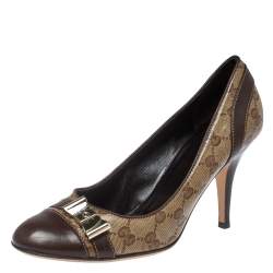 مملوكة مسبقًا حذاء كعب عالي غوتشي كانفاس وجلد جي جي بني مقدمة منفصلة مقاس 39