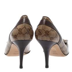 مملوكة مسبقًا حذاء كعب عالي غوتشي كانفاس وجلد جي جي بني مقدمة منفصلة مقاس 39