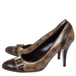 مملوكة مسبقًا حذاء كعب عالي غوتشي كانفاس وجلد جي جي بني مقدمة منفصلة مقاس 39