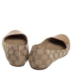 Pre Owned Gucci Brown/Beige GG Canvas And Lizard Embossed Leather Ballet Flats Size 38.5