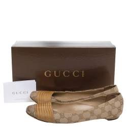 Pre Owned Gucci Brown/Beige GG Canvas And Lizard Embossed Leather Ballet Flats Size 38.5