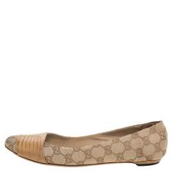 Pre Owned Gucci Brown/Beige GG Canvas And Lizard Embossed Leather Ballet Flats Size 38.5