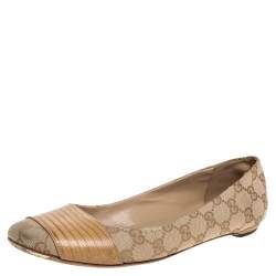 Pre Owned Gucci Brown/Beige GG Canvas And Lizard Embossed Leather Ballet Flats Size 38.5